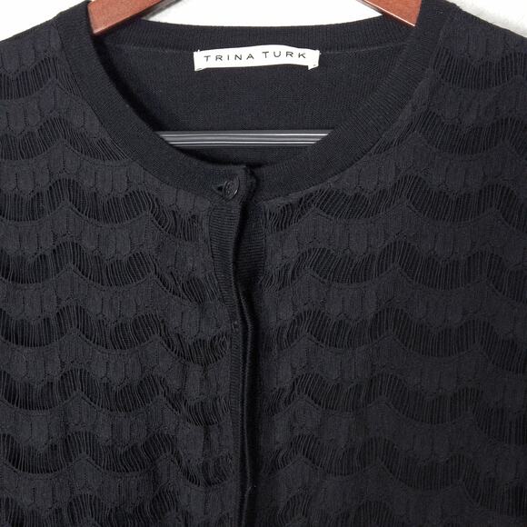 Trina Turk Women’s Cardigan Dark Academia Coquette Merino Wool Scalloped Black M - Picture 3 of 9